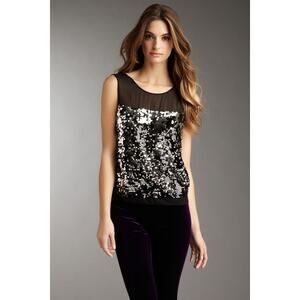 BCBGMaxAzria Silk Chiffon Drape Open Back Sequined Tank Top